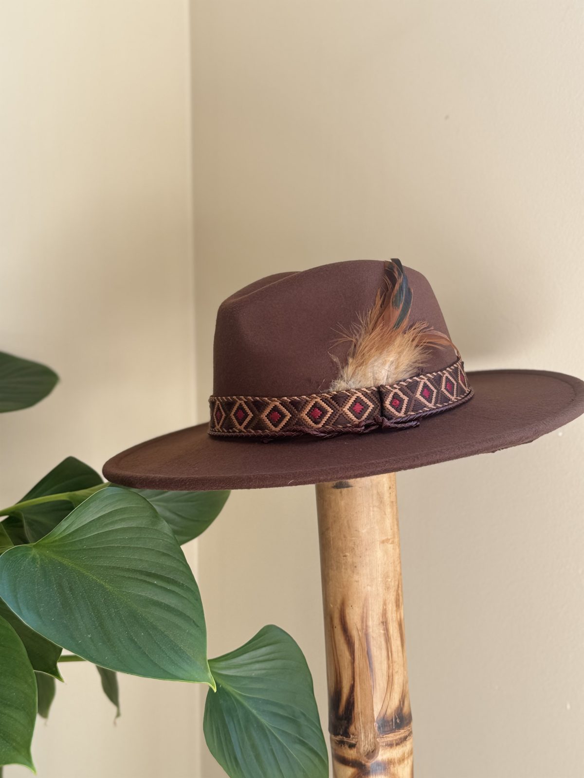 Dark brown fedora with patterned band and feather
