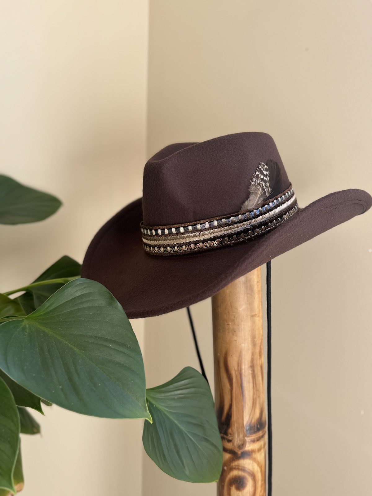 Burgundy western hat with patterned band and feather
