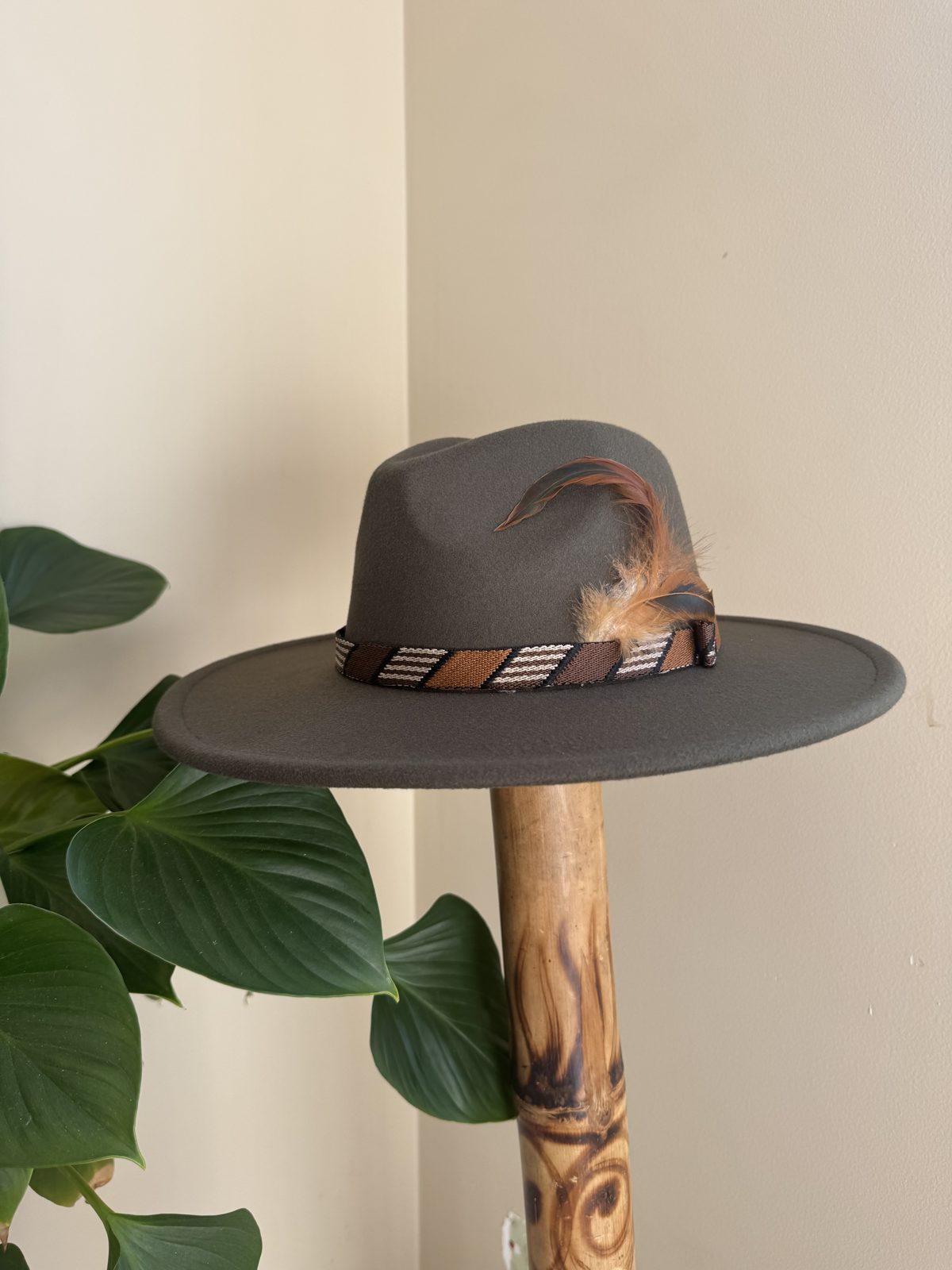 Charcoal fedora with striped band
