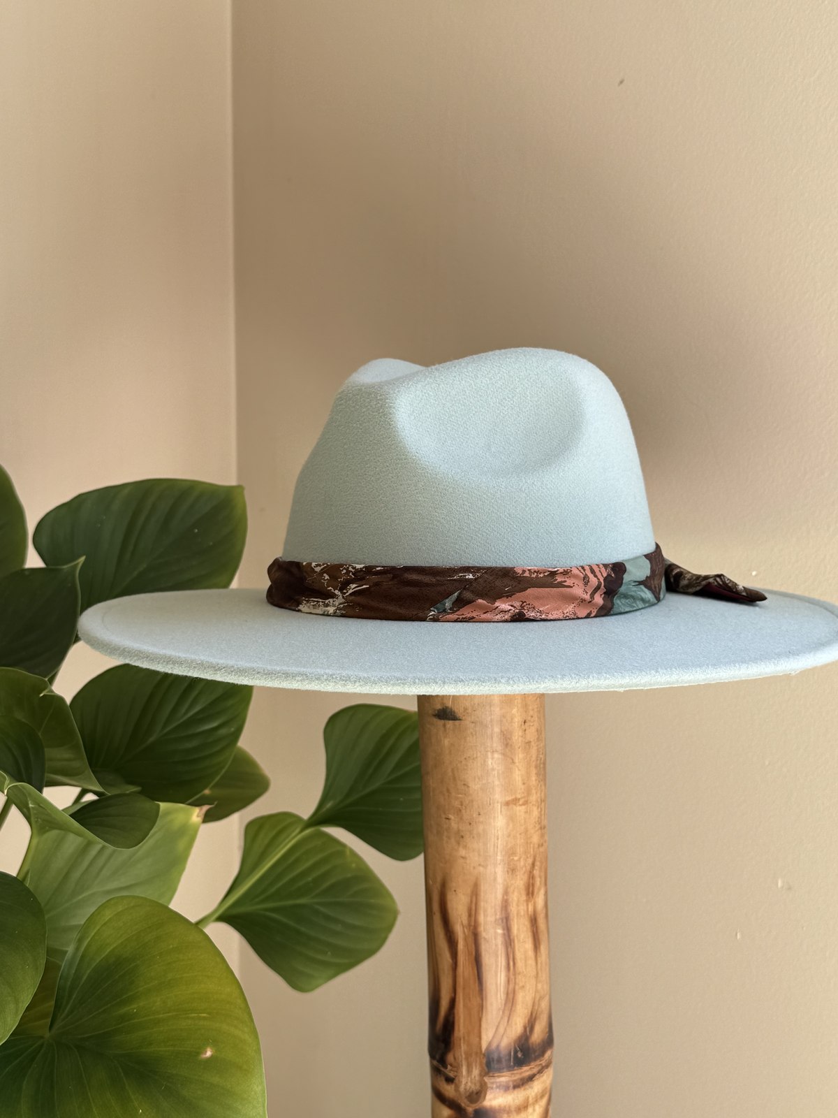 Powder blue fedora with marbled silk scarf band