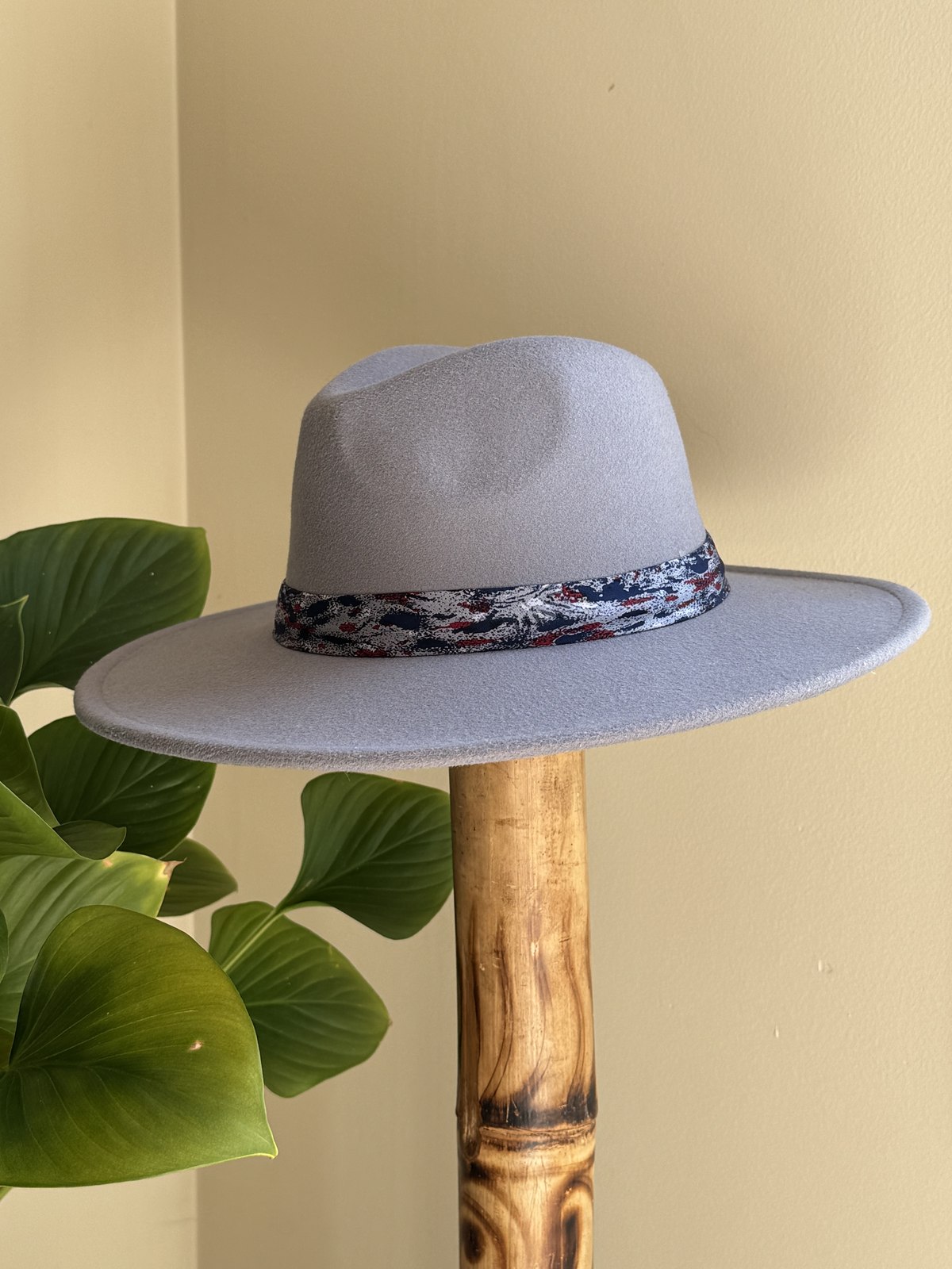 Cream fedora with burgundy paisley scarf band