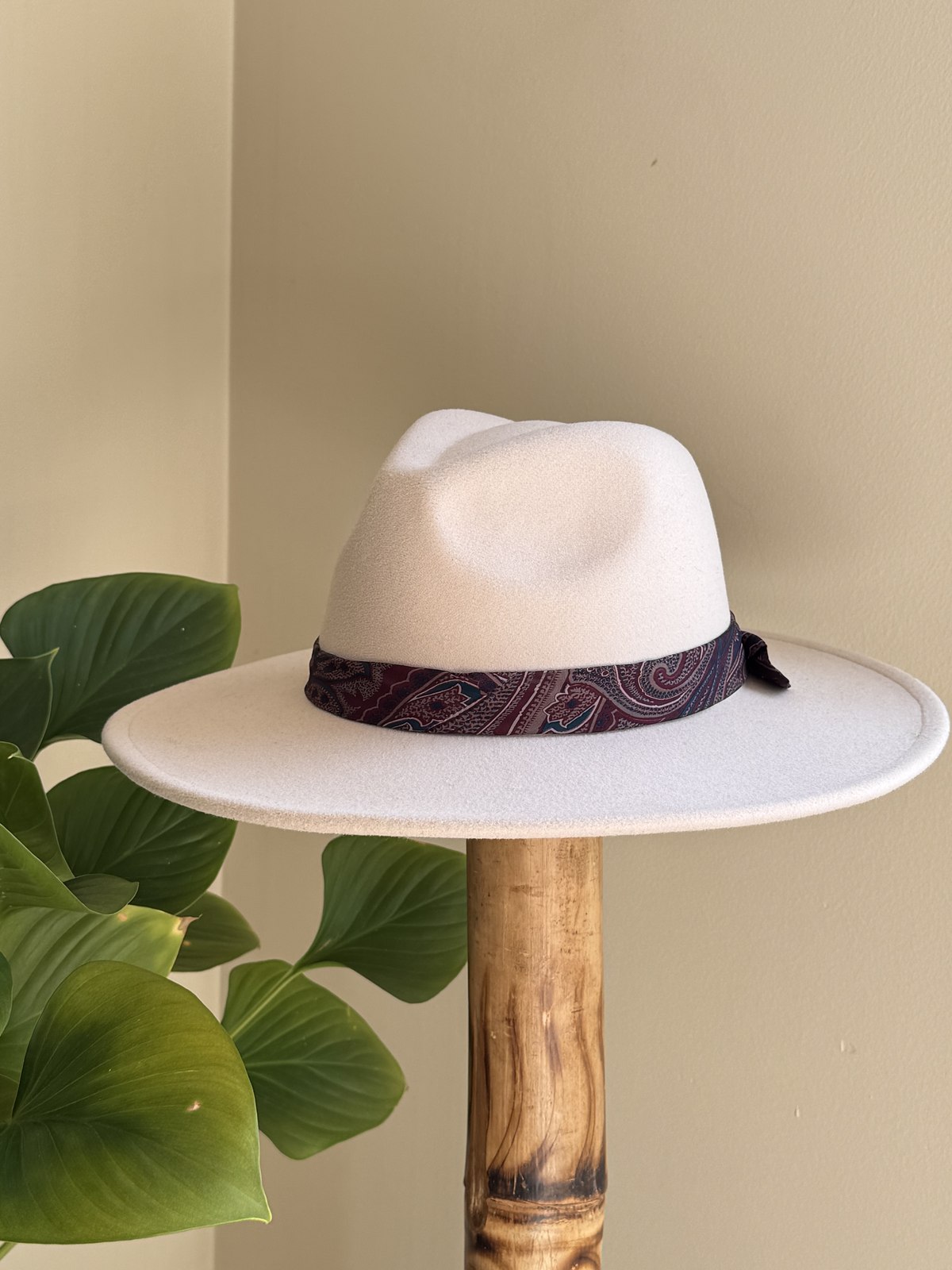 Grey fedora with floral silk scarf band