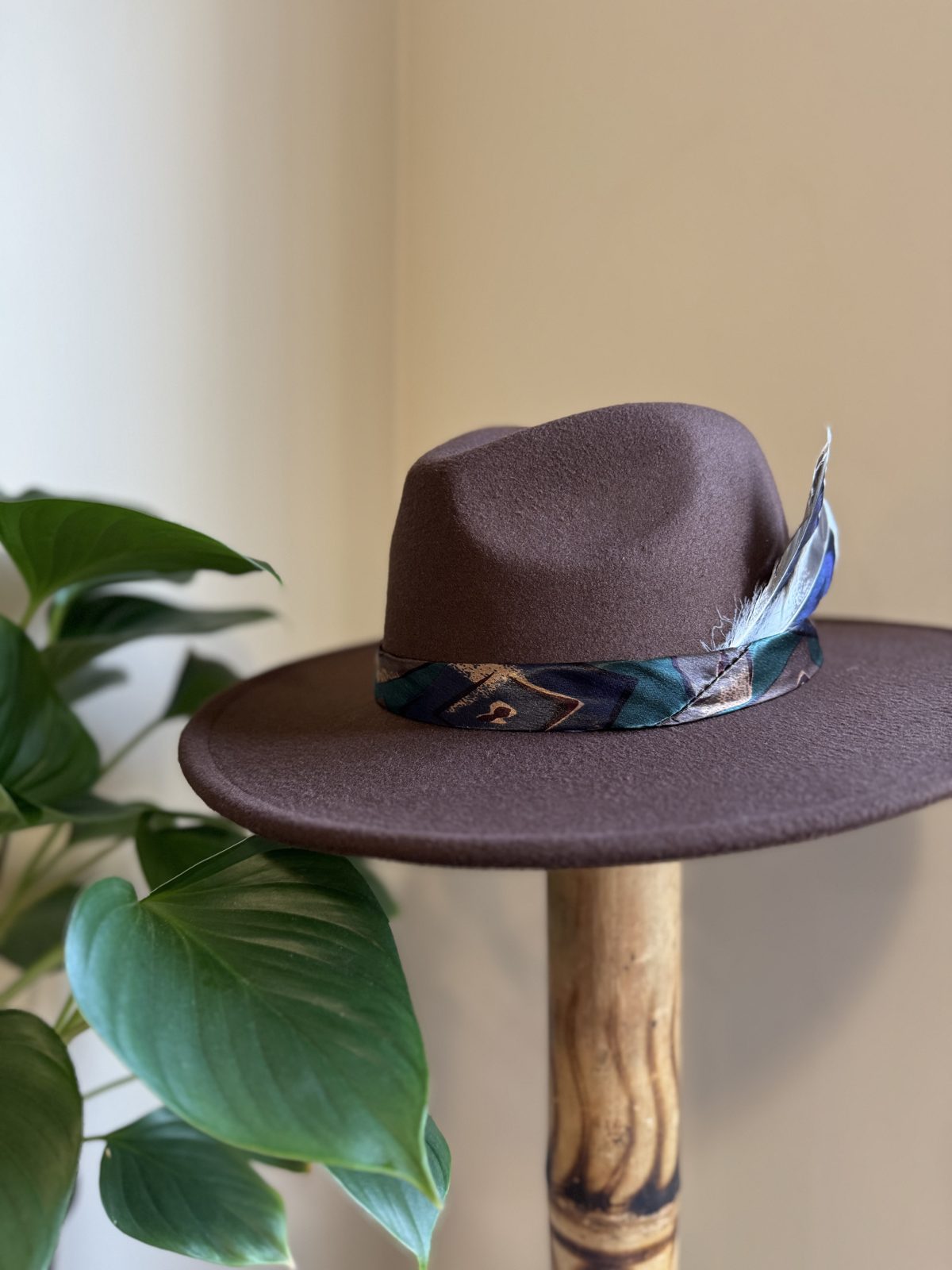 Brown fedora with two teal feathers