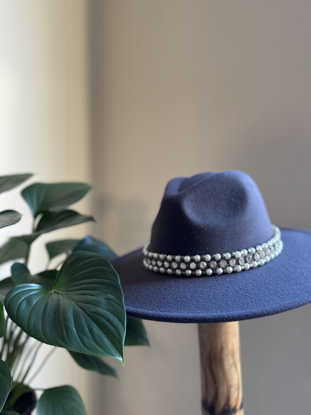 Navy fedora with pearl beaded band