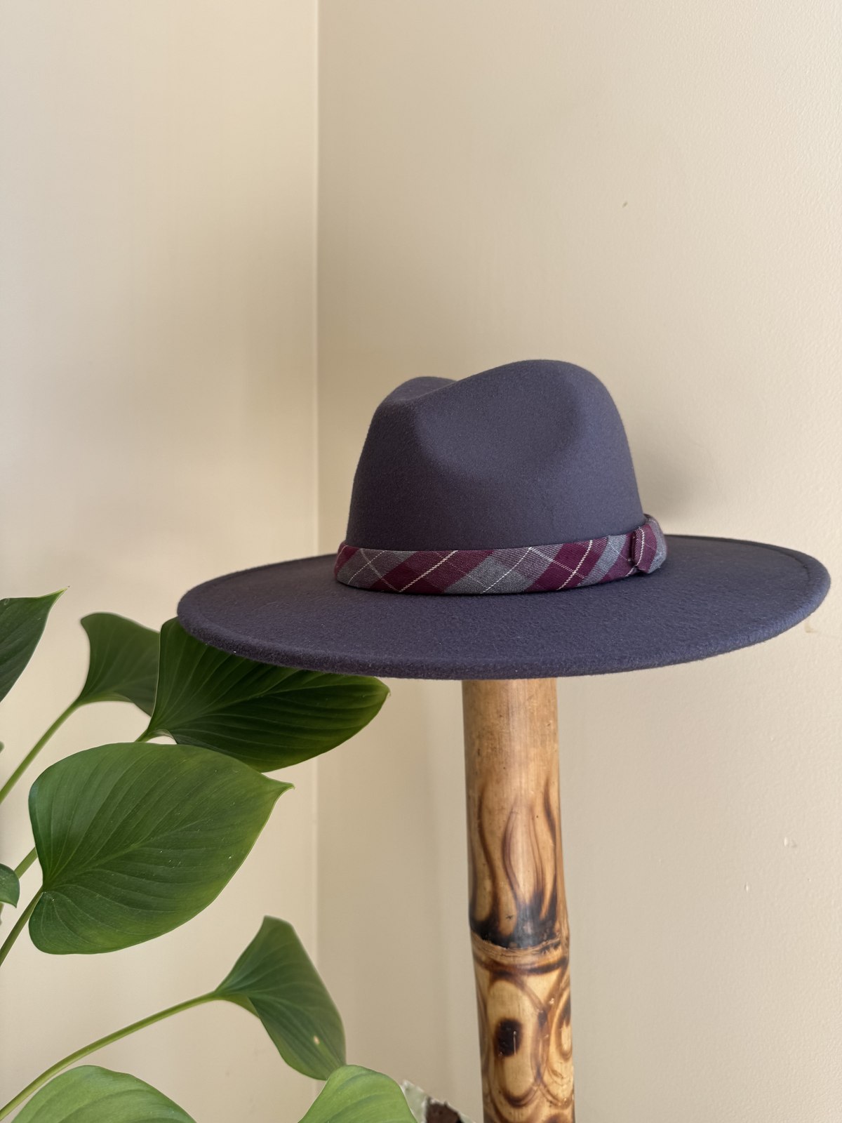 Navy fedora with plaid ribbon band