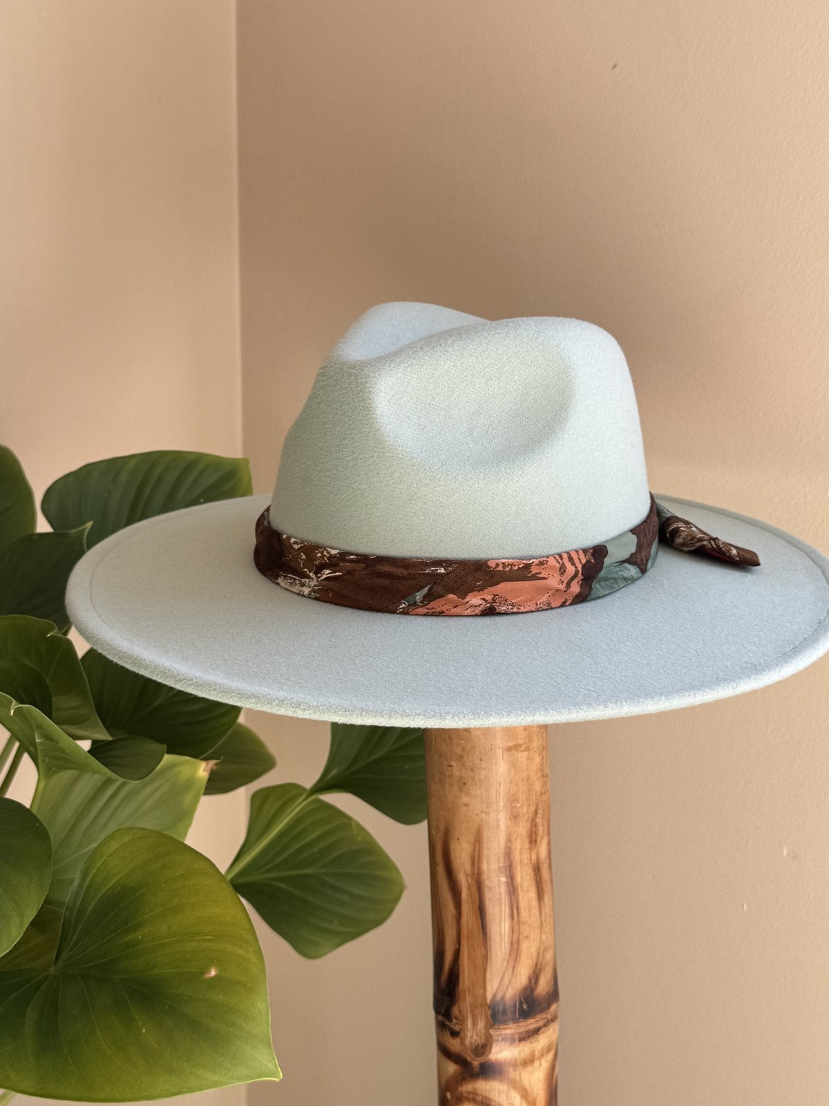 Powder blue fedora with marbled silk scarf band
