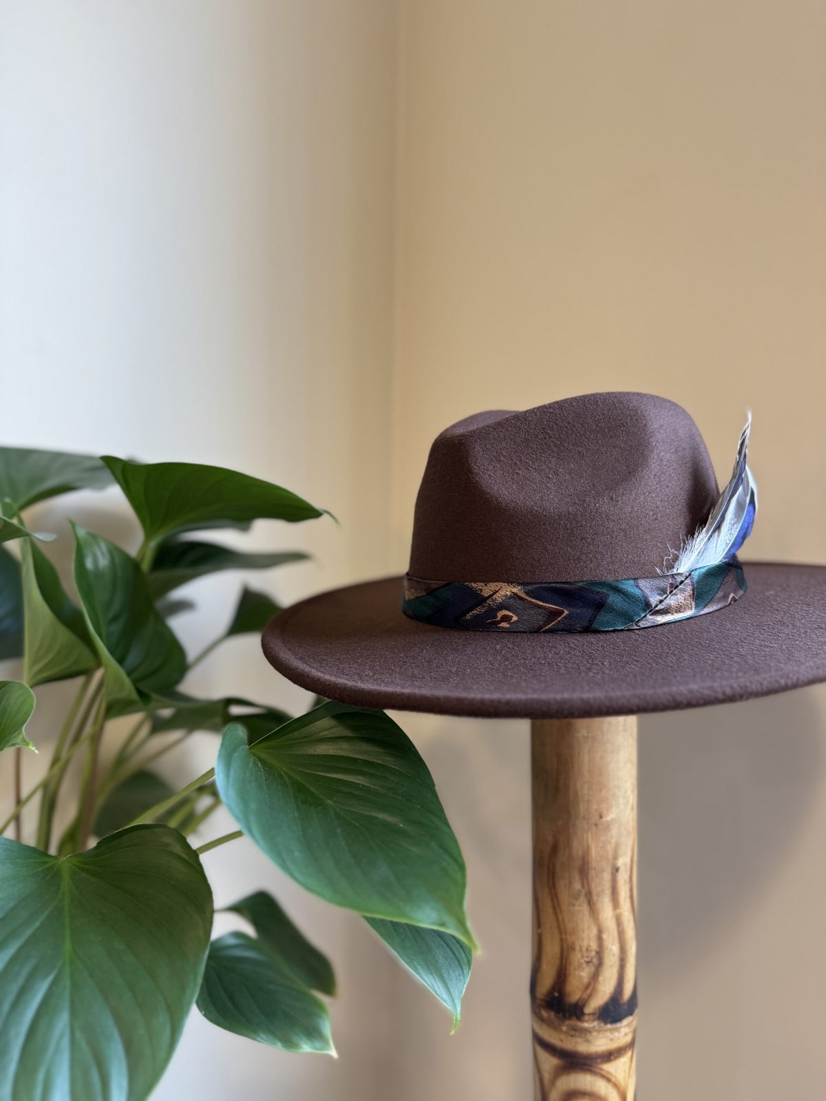 Brown fedora with two feathers