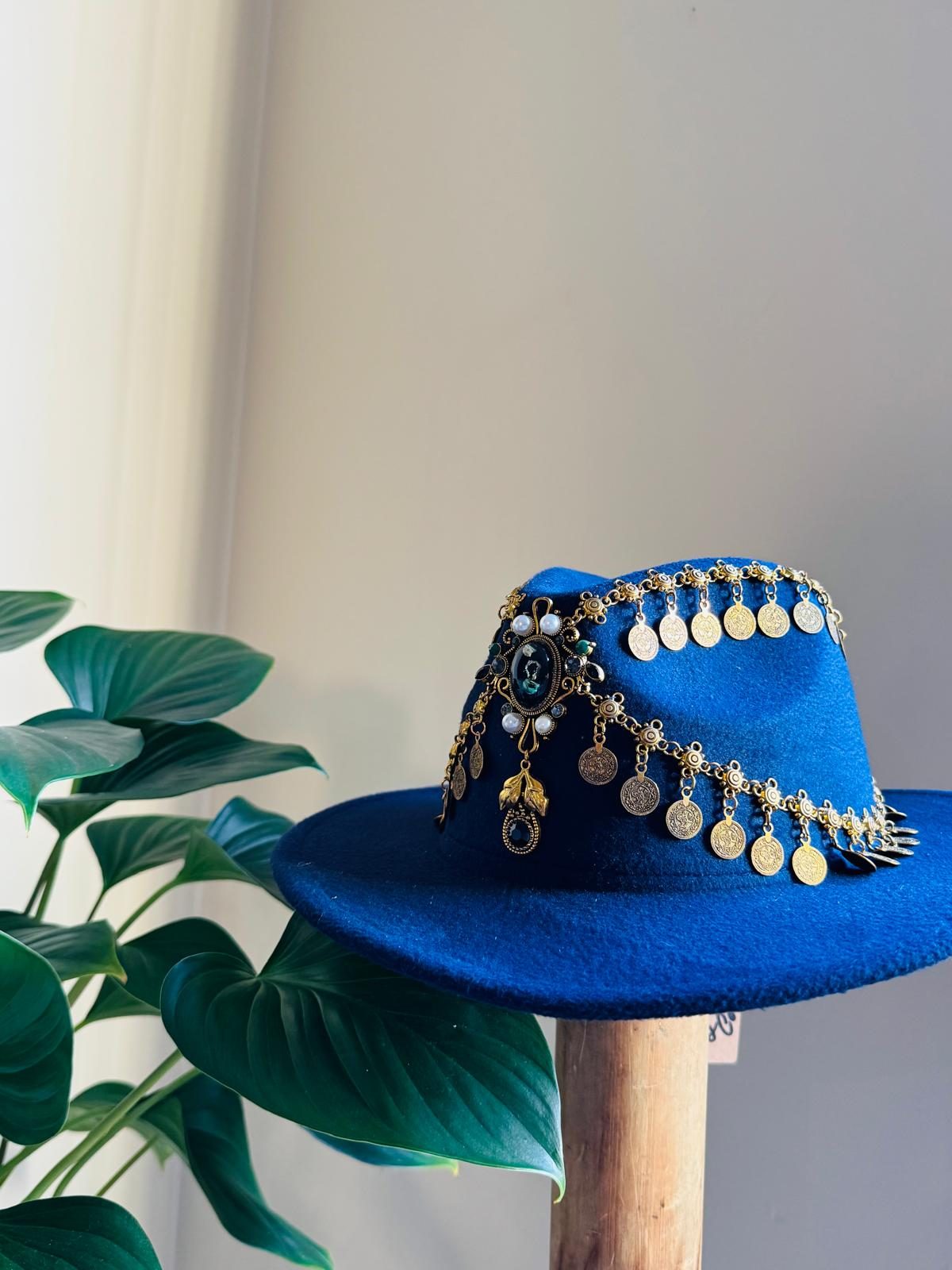 Cobalt fedora with silver coin fringe