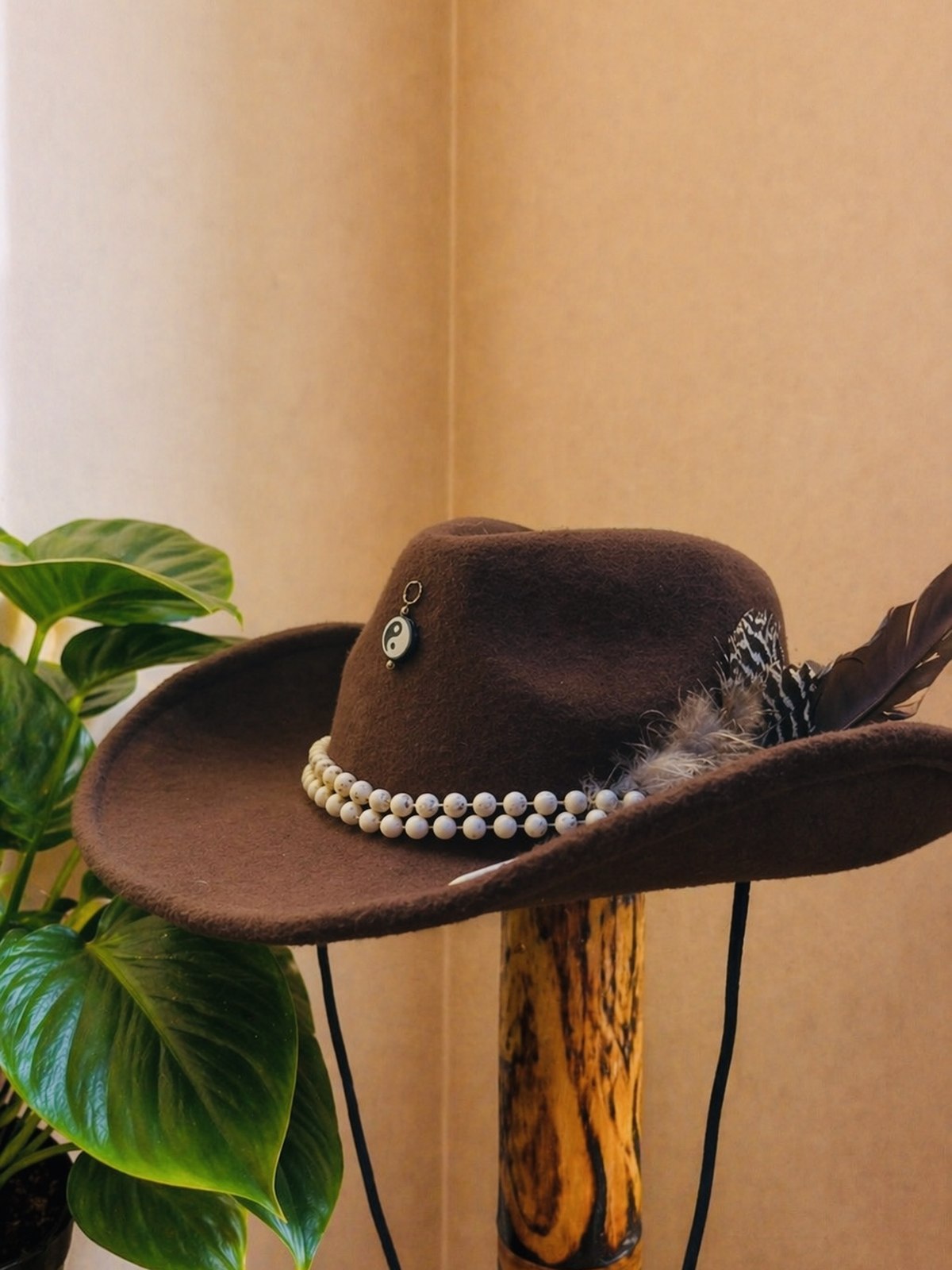 Black western hat with silver pendant and turquoise feathers